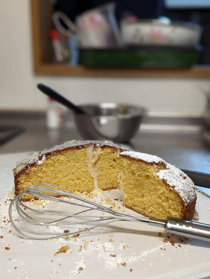 Yuzu olive oil cake on a white plate with a whisk, dusted with powdered sugar and glaze