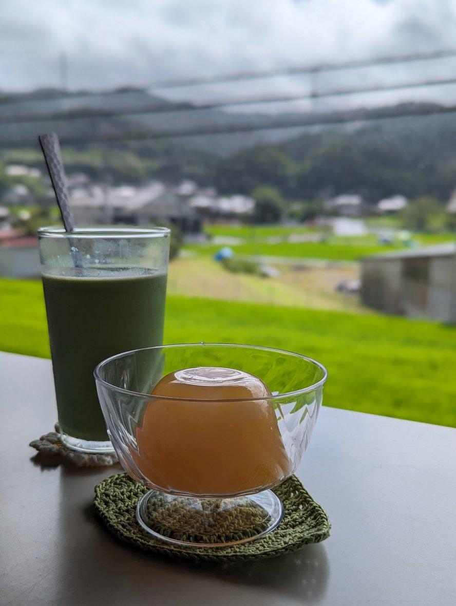 Peach jelly on a tea leaf coaster in front of a window on stormy Wazuka