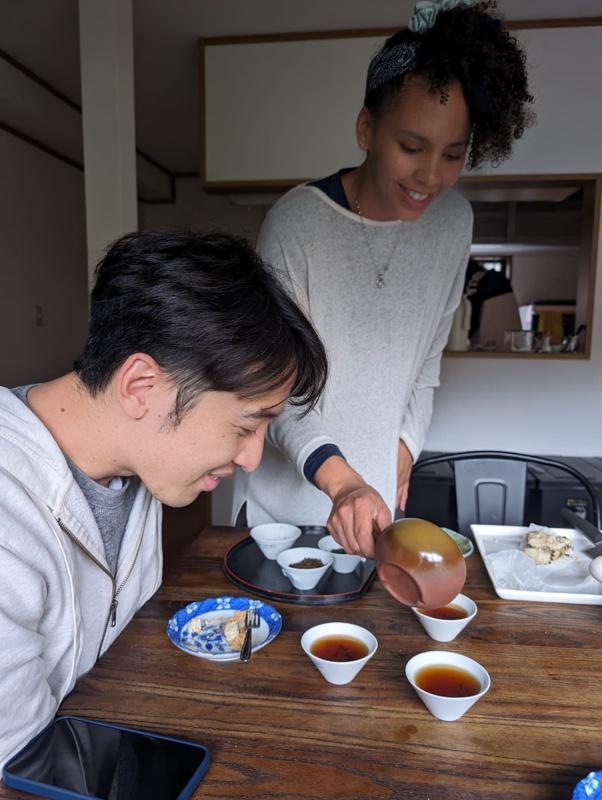 Japanese tea brewing and tea tasting with a brown kyusu